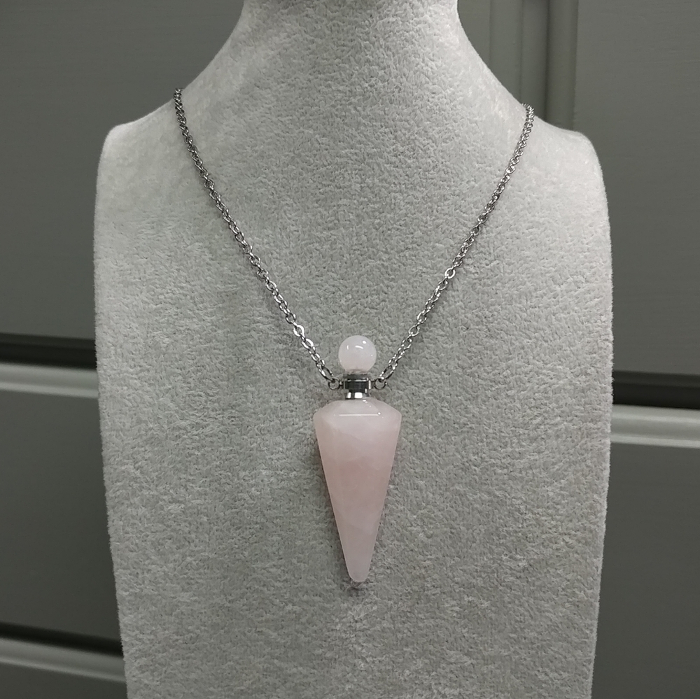 Rose Quartz Perfume Bottle Necklace Natural Gemstone Crystal Pendant Stainless